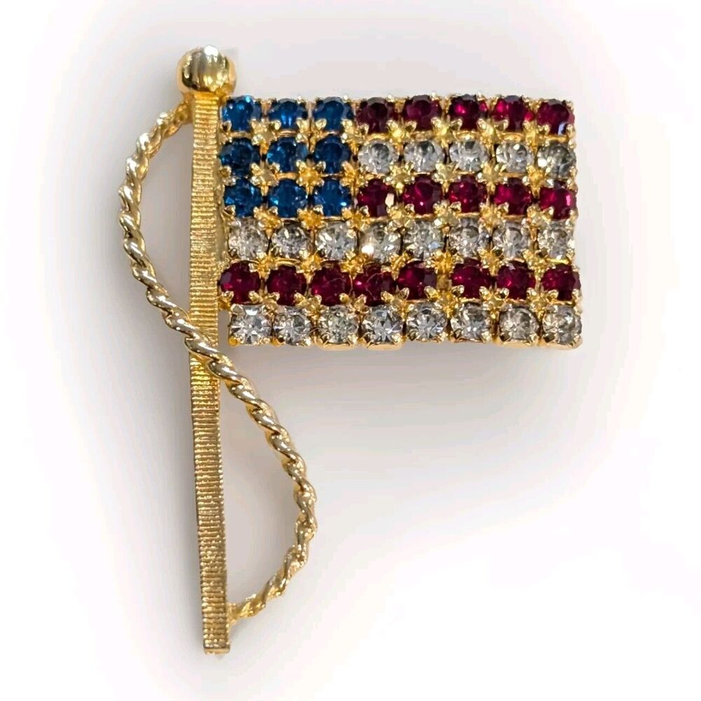 Gold Tone Rhinestone American Flag Brooch Pin